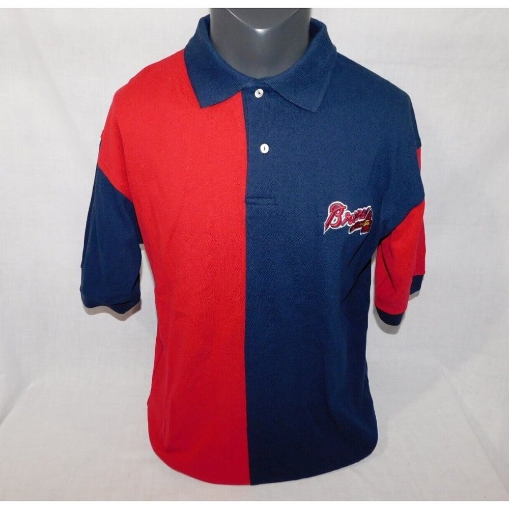 VTG MLB Atlanta Braves Color Block Polo Shirt Crable Sportswear Red Blue Men L